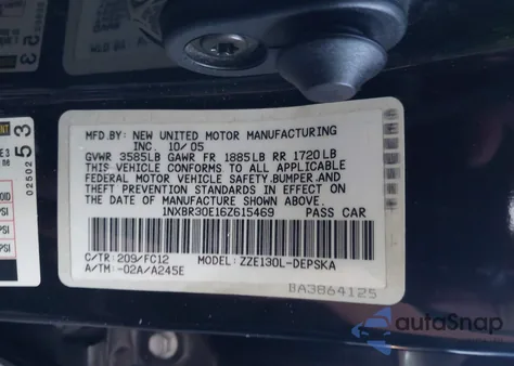 2006 Toyota Corolla S z USA, uszkodzony, nr VIN 1NXBR30E16Z615469